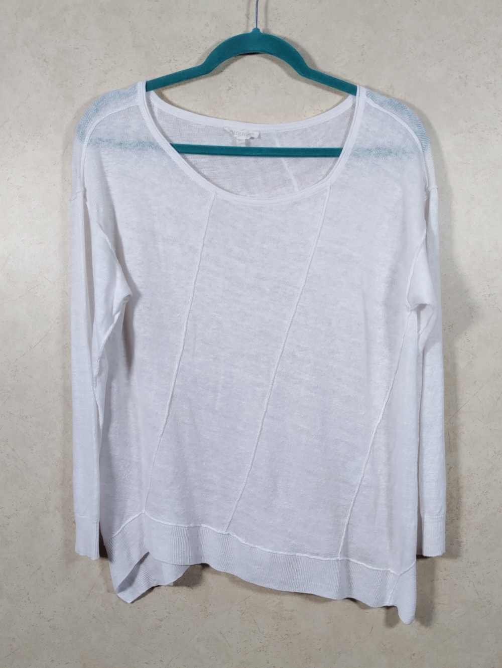 I136 Eileen Fisher White Organic Linen Knit Sweater W/Asymmetrical Hem L